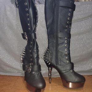 Demonia Muerto 2028 Black Spike Skull Knee High Boots
